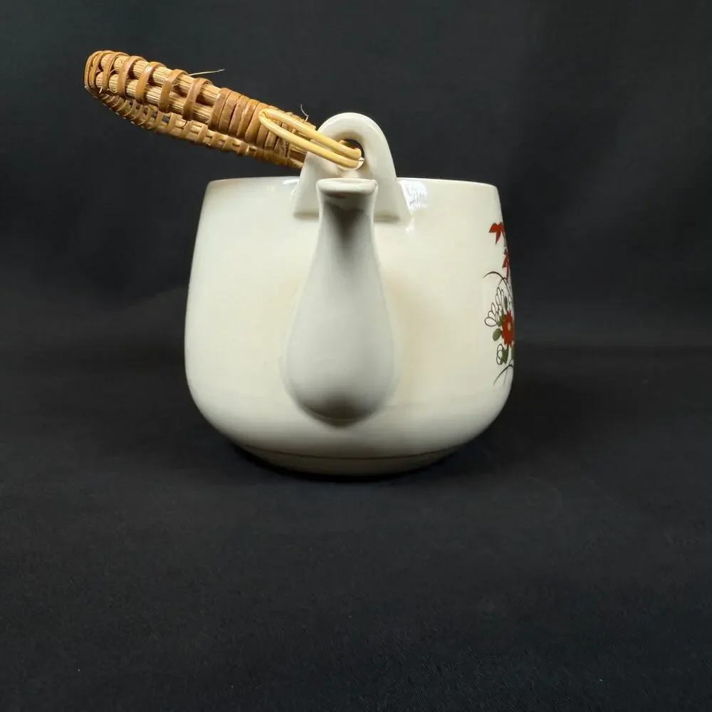 Edsin Bamboo Flowers White Ceramic Teapot with Wicker Handle Made in Japan